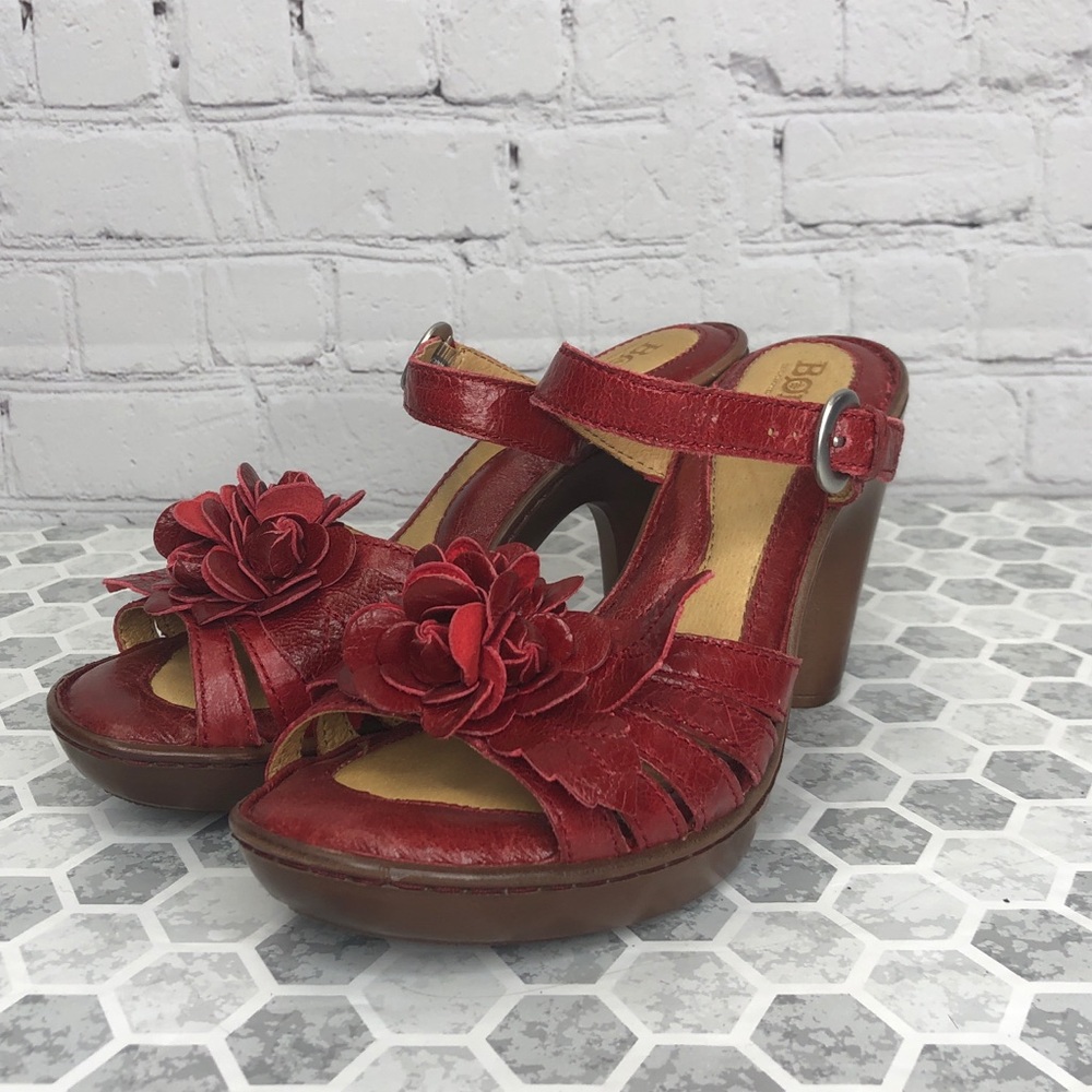 Born Red Floral Leather Heeled Sandals with Buckle Strap